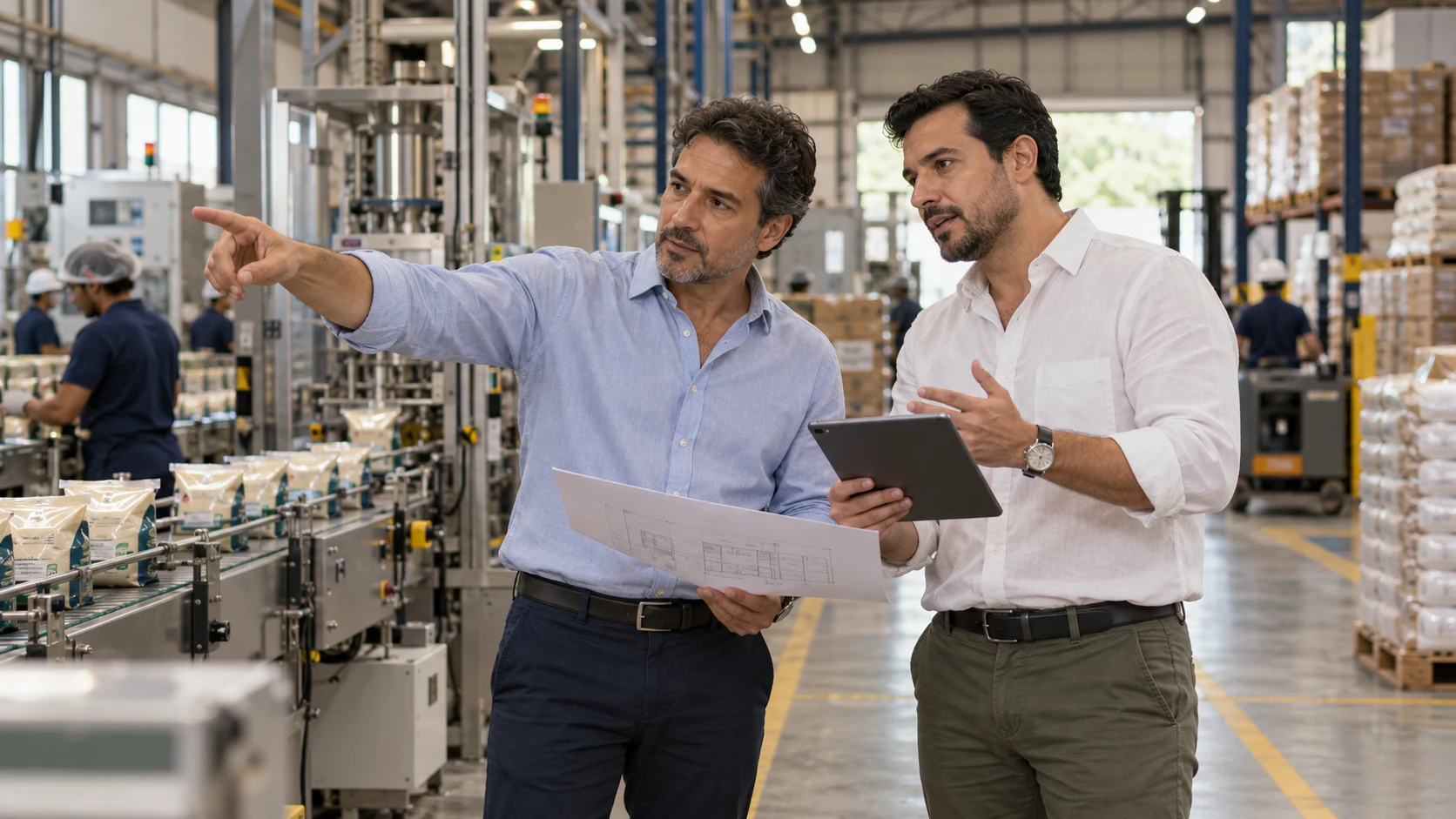 Gerente y asesor evalúan una inversión dentro de una planta de producción